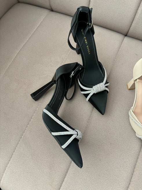 Rhinestone Embedded Pointy Toe Buckle Strap Heels